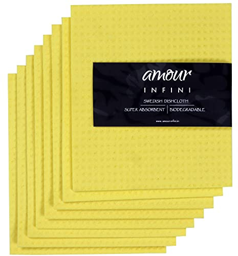 AMOUR INFINI Swedish Dishcloth Cellulose Sponge 8 Pack - No Odor, Resuable and Absorbent Cleaning Cloths for Kitchen, Bathroom, Glass Surface, Furniture (8x7 Inch - Yellow)