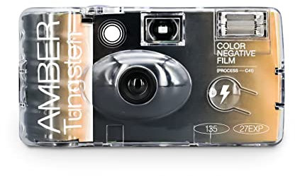 Reto Amber Tungsten 35 mm Einweg-Filmkamera 27 Aufnahmen, ISO800 Cine Film, C-41 Verarbeitung, fokusfrei, eingebauter Blitz, einmaliger Gebrauch (Film und Batterie im Lieferumfang enthalten)