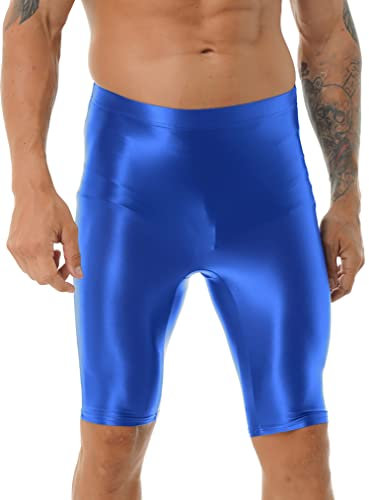 Freebily Herren Wetlook Shorts Sexy Glänzend Öl Nylon Leggings Strumpfhosen Kurze Hose mit Bulge Pouch Figurformende Feinstrumpfhose Blau_A L
