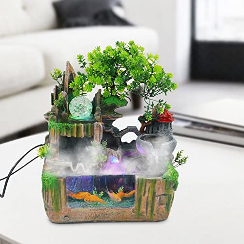 SHZICMY Zimmerbrunnen Tisch Wasserbrunnen, Table Fountain Waterfall with Mist, Zen Light Indoor Fountain with Plants, Resin Desktop Fountain Water Landscape Decoration, Indoor LED Fountain