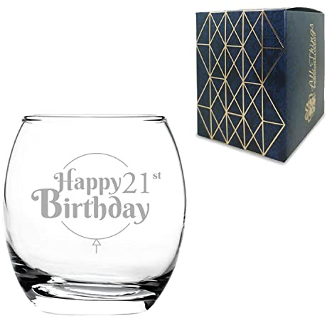 All Things Personalised Engraved 21st Birthday Gift, Tondo Tumbler Glass, Holds 13.6oz, 405ml, Gift Boxed, Happy Birthday Balloon Design, Gift for Him or Her, Laser Engraved in The UK
