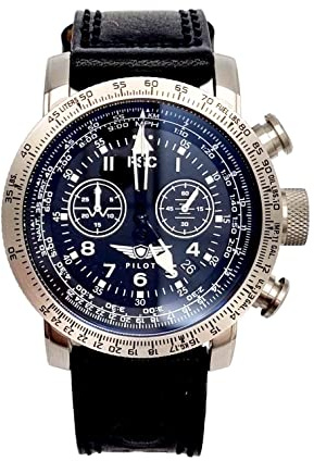 Drago RSC Pilots Watches Montre Aviateur Chronomètre Lunette Bidirectionnelle Bracelet Cuir Noir RSC Pilot - Made in Belgique