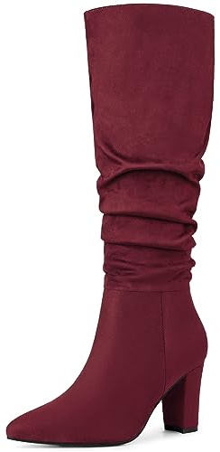Allegra K Bottes mi-hautes à bout pointu et à talon épais pour femme, bordeaux, 40.5 EU