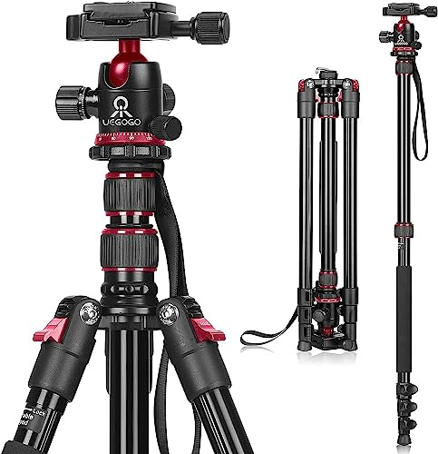 Tripod for Camera, Professional DSLR Camera Tripod, Expandable to 210 cm Monopod, with 360° Swivel Head, Carry Bag, Tripod Can Carry 8 kg (Red)
