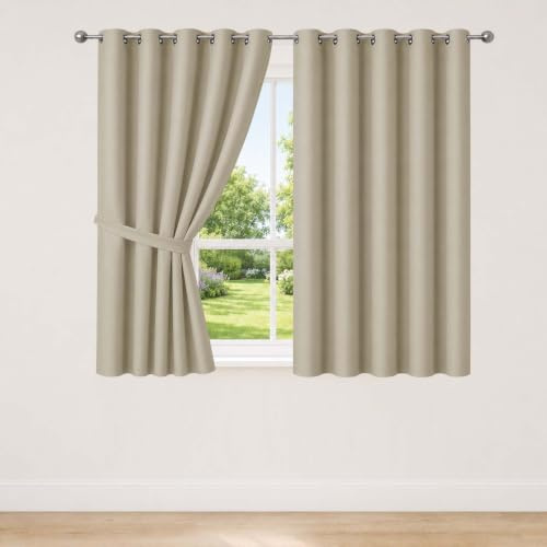 AMEHA Eyelet Blackout Curtains for Home Décor Soundproof Thermal Insulated Ring Top Kitchen Cream Curtain 66x54 Inch, 2 Panel with Tiebacks