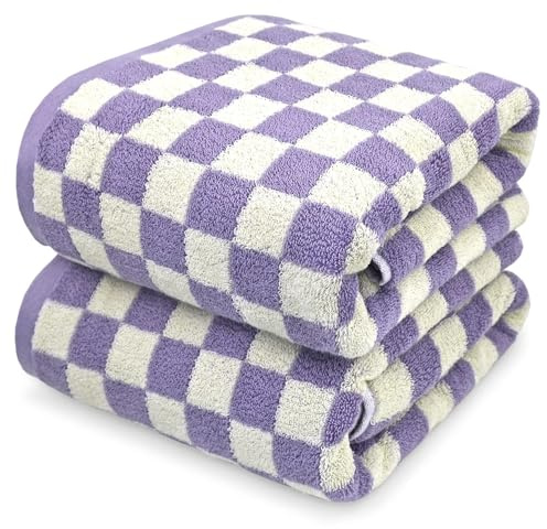 Jacquotha Duschtücher für Badezimmer, 70 x 140 cm, schnell trocknend, weiches Handtuch (2er-Pack), niedliche Handtücher, kariert, 520 g/m², saugfähige Baumwollhandtücher
