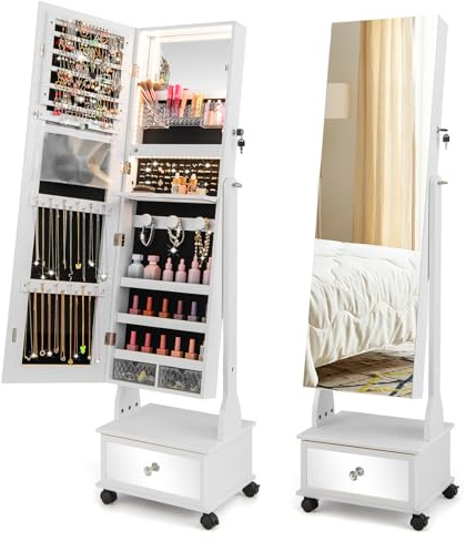 COSTWAY Free Standing Jewellery Cabinet, 3-Color LED Lights Lockable Jewelry Armoire with Full Length Mirror, Storage Drawer and Wheels, Mobile Angle-Adjustable Jewellery Organiser Gift (White)
