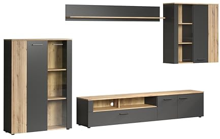 trendteam smart living - Anbauwand Wohnwand - Wohnzimmer - Esteban - Aufbaumaß (BxHxT) 300 x 200 x 41 cm - Farbe Anthrazit mit Coast Evoke Eiche - Rillenoptik - 231296184 | B 300 x H 200 cm · optional mit LED-Beleuchtung
