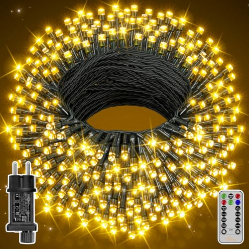 Ollny Lichterkette Außen 20M 200 LED Warmweiß mit Fernbedienung & Timer | 8 Modi & Wasserdichte Lichterketten Outdoor Deko. Für innen & außen, Garten, Balkon, Party & Hochzeit