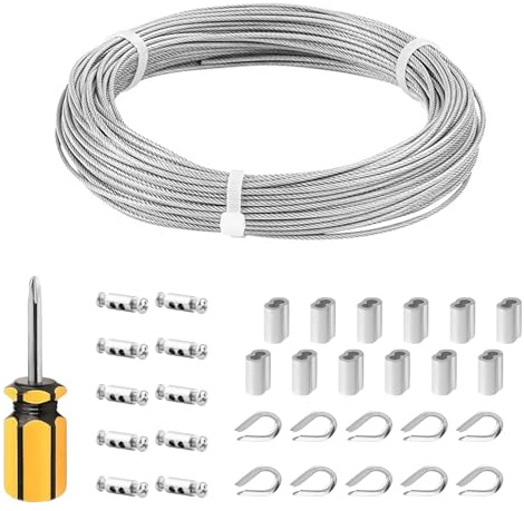 30m Drahtseil Edelstahl Set, 304 Edelstahl Drahtseil Set | 2mm Stahlseil Ummantelt, Stahlseil Kit, Spanndraht Seilspanngarnitur, für Hängelampen Kletterpflanzen Fechten Wäscheleine