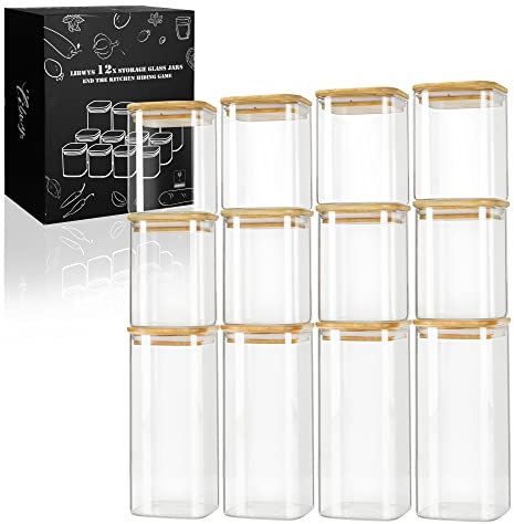 LIBWYS 12er Set Vorratsgläser mit Bambusdeckel Eckig Vorratsdose Glas - in 2 Größen : 1000ml; 600ml