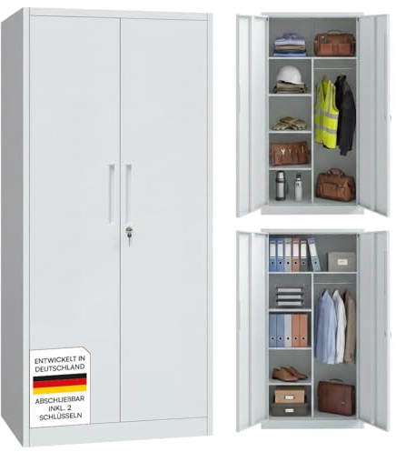 STEELSØN Regulus Metallschrank 175x40x80 cm, mit 6 Fächern, Grau | Garderobenschrank und 1 Kleiderstange, Spind Schrank mit Doppeltüren, Mehrzweckschrank, Kleiderschrank Metall, abschließbar