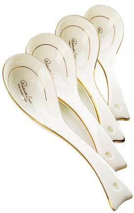 Dh2yjnbf3 Serving Tablespoons 4 Pieces Ceramic Household Spoon Long Handle Soup Spoon Elegant Gold Edge Decoration Chinese Spoon Bone China Small Spoon, White Spoons