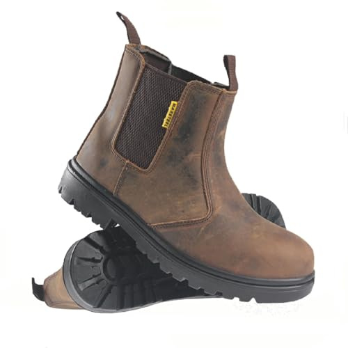 MENS SAFETY DEALER BOOTS CHELSEA LIGHTWEIGHT SLIP ON LEATHER ANKLE WORK STEEL TOE CAP SHOES SZ (DARK BROWN, UK Footwear Size System, Adult, Men, Numeric, Medium, 7)