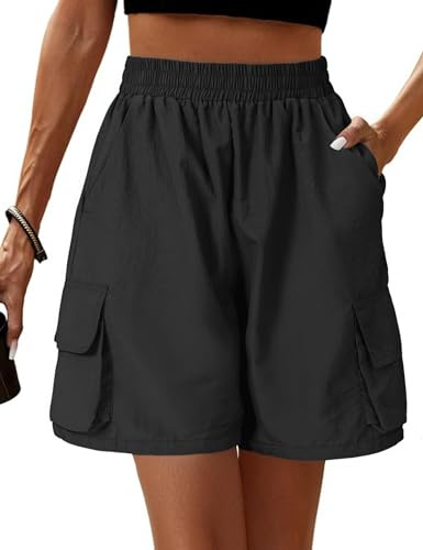 Totatuit Femme Short d'été Cargo Taille Haute Élastique Léger Poches Fonctionnelles Sport Randonnée Jogging Travail Décontracté Streetwear Noir，S