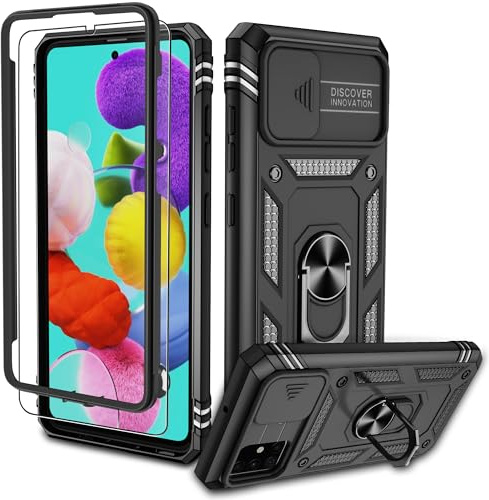 Pilaru für Samsung Galaxy A51 4G Hülle, Kameraschutz Handyhülle mit Stück Schutzfolie, 360° Drehhalter Ring Schutzhülle Militär Cover Case Outdoor Stoßfest Kratzfest Hülle für Galaxy A51 4G Schwarz