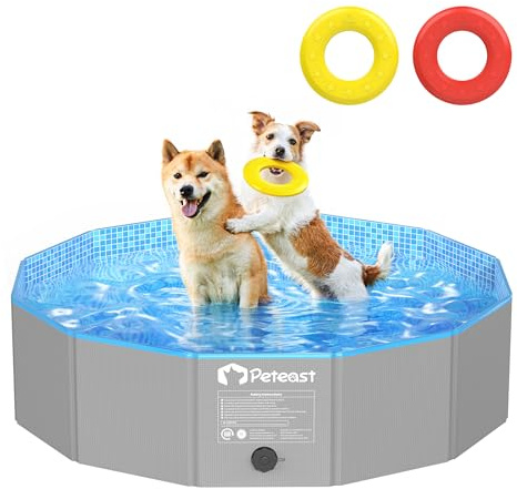 Peteast Foldable Dog Pool with 2 Flying Disks, Durable Hard Plastic Dog Swimming Pools for Large Dogs, Collapsible Pet Pool for Backyard & Indoor, Ideal Kiddie Pools for Dogs and Kids, 48 in