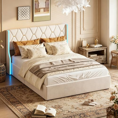 Polsterbett Doppelbett 160x200cm, Jugendbett mit LED-Beleuchtung & USB-Ladeanschlüssen, elegantem Design Stauraumbett Gepolstertes bett für Jugendzimmer und Gästezimmer, ohne Matratze (160x200cm)