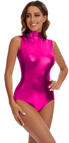 WNBHHDZT Body Senza Maniche Con Collo Alto Lucido Da Donna,Fucsia,L