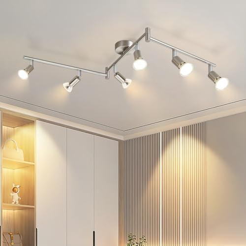 Deckenstrahler 6 Flammig Silber Deckenlampe - 350° Schwenkbar Strahler | GU10 LED Deckenleuchte Spots Innen Deckenspot für Wohnzimmer Küche Schlafzimmer Ohne Leuchtmittel
