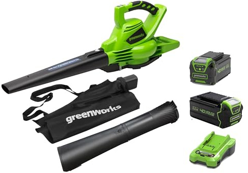 Greenworks 40V Aspirateur Souffleur sans Fil de Feuilles à Batterie avec Moteur sans Balais, 280 km/h, 9,63 m³/Min, Sac pour Mulching de 45L, Deux Batteries 4Ah &5Ah et Chargeur, Garantie 3 Ans