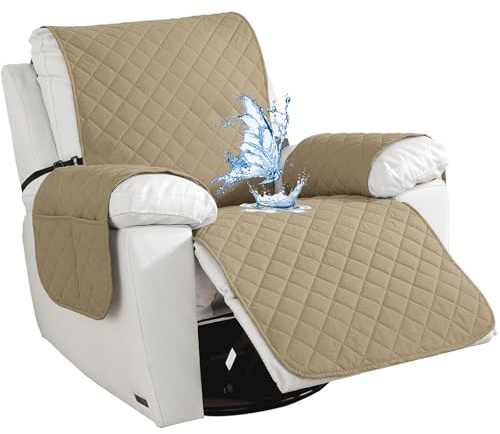 CYCMACO Impermeable Funda Sillon Reclinable 1 Asiento, Funda Sillon Reclinable con Bolsillos Laterales, Antideslizante, Antiarañazos, Universal, Fácil De Instalar Y Lavar, Caqui