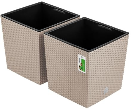 PAFEN 2X Blumentopf Blumenkübel Rattan-Optik 64 Liter - 39 x 41,5cm - Pflanzkübel mit Einsatz, Übertopf für Garten, Balkon & Innenbereich, wetterfest, Kunststoff, Mocca