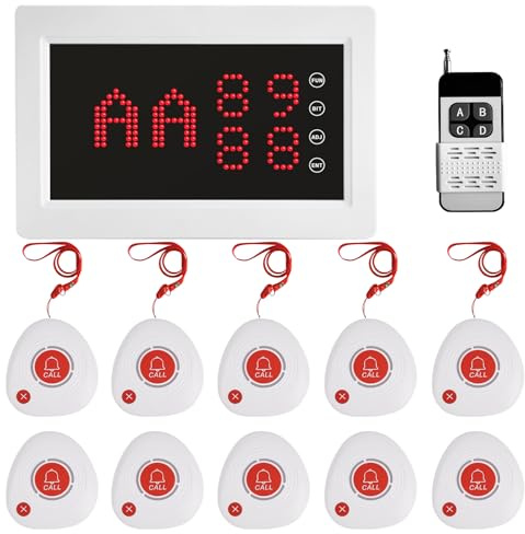 WNKRUN Wireless Caregiver Pager Nursing Calling System Elderly Alarm with 1 Display Receiver and 10 Waterproof 2 Key Call Buttons for Nursing Home Clinic (10 M2 Call Buttons)