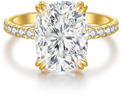 LANKRALOVNA 5CT Elongated Cushion Cut Engagement Ring for Women, S925 Sterling Silver 9×12mm Big Carat Statement Ring, 14K Gold Plated Cubic Zirconia Engagement Wedding Promise Band, Size 7