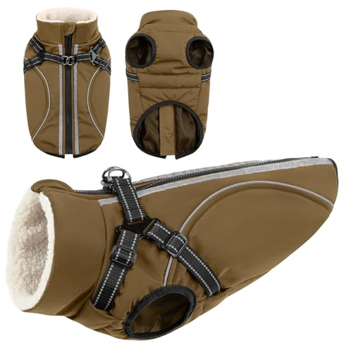 CITÉTOILE Wasserdichter Winter Hundemantel mit Geschirr Fleece Braun M | Warme Hundejacke mit Reißverschluss, Wintermantel mit Reflektorstreifen für kleine Mittel Große Hunde, mit Bauchschutz