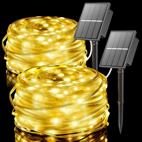 SOLARBABY 2 Pack Guirnaldas Luces Exterior Solar,14M 120 LED Luces Navidad Exterior Solares 8 Modo,IP65 Impermeable Navidad Cadena de Luces Solares para Exteriores Del Arbol Xmas Decor -Blanco Cálido