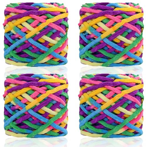 95 g x 4 tjockt garn för virkning och stickning, 7 mm/0,27 tum tjockt virkat Chenille-garn, fluffig tjock ull för virkad filt, docka, väska, hatt, kudde, kattsäng (femfärgad)