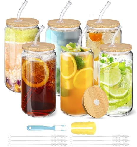 Goanueei Glass Cups with Lids and Straws 6 Pcs 16 oz Iced Coffee Cups Set | Reusable Beer Can Shaped Glass Tumbler, Drinking Glasses for Smoothies, Tea Water, Juice, Soda, Cocktail, Ideal Home Bar