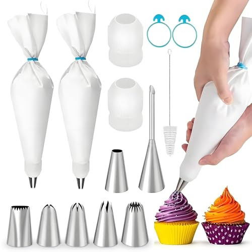 Guokoo 14PCS Reusable Piping Bags and Tips Set – 2PCS 16-Inch Pastry Bags, 7 Piping Tips, 2 Couplers, 2 Silicone Rings & Cleaning Brush,for Cake Decorating, Cupcakes, Cookies, Home Bakers, Chefs