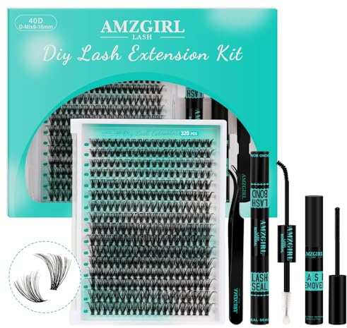 Juego de extensiones de pestañas 320 piezas, juego de extensiones de pestañas 40D Lash Clusters para un aspecto natural, bricolaje en casa con Lash Bond and Seal, removedor de pestañas, pinzas (40D, 9