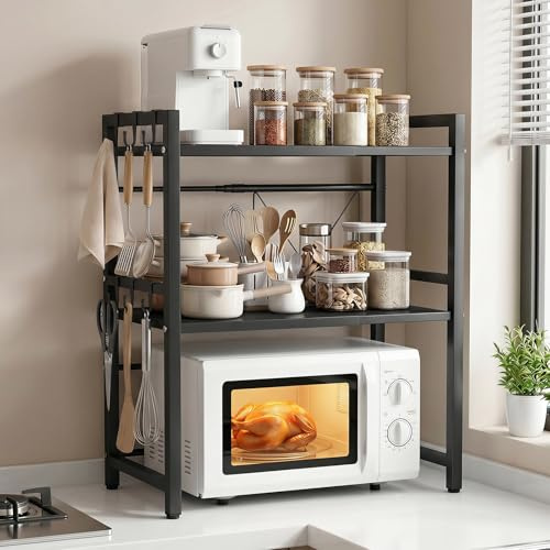 ALANNG Mikrowellen Regal, 3 Stufig Mikrowellenregal Küche Arbeitsplatte, Küchenregal Stehend für Backofen/Kaffeemaschine, Stabile Microwave Stand mit 6 Haken (Schwarz, 1Packung)