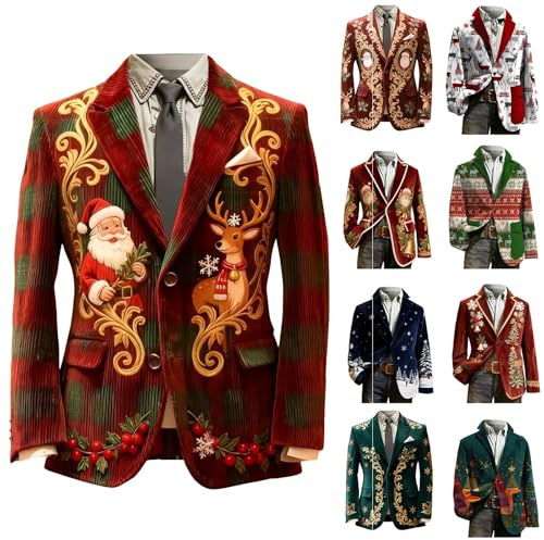 Blazer de pana para hombre, diseño vintage de Papá Noel, reno, chaqueta de manga larga con botones y solapa, abrigos de Navidad, trajes de Navidad, trajes de esmoquin, ropa exterior, disfraz festivo