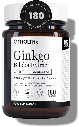 Amalth Ginkgo Biloba Extract with Siberian Ginseng 6600mg Equivalent | 180 Vegan Capsules | with Flavone Glycosides & Terpene Lactones | 1 Capsule a Day | Non-GMO Herbal Supplement