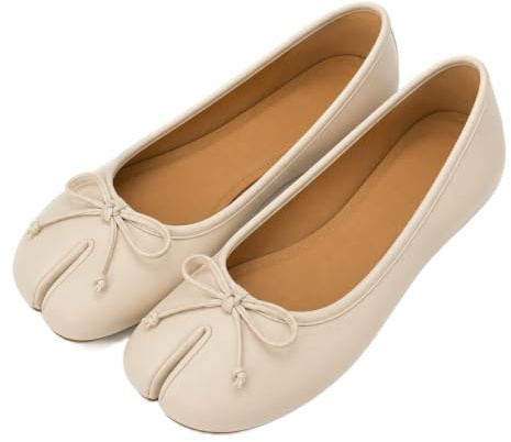 JCVBN Scarpe da donna piatte a punta aperta in primavera con fiocco, morbide in pelle, con fiocco davanti, poco profonde, da infilare, ballerine per ragazze, flats Tabi, Beige, 38 EU