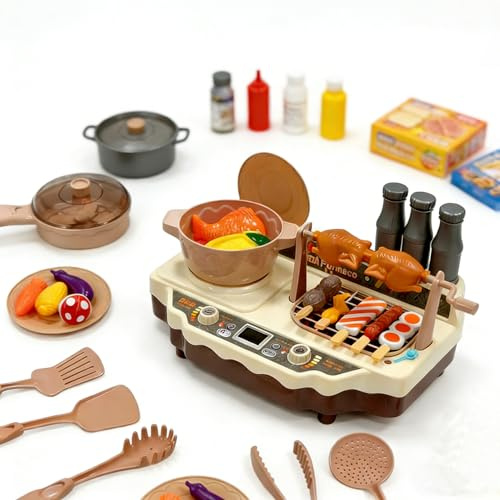 CATCHLUCK Kids BBQ Grill Playset, Play Kitchen Set for Kids Kitchen Grill Toys with Accessorie & Realistic Smoke/Sound/Light Play Toys for 3 4 5 Year Old Girls Boys Gifts