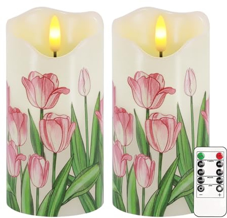 Flameless Candles Set of 2, 6x3 Flickering Tulip LED Candles with Remote & Timer, Dimmable Real Wax Electric Pillar Candles Battery Operated, Birthday Gift Mother's Day Gift for Mom Women (Tulip)