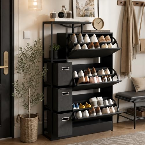 YOURLITE Schuhschrank Schmal mit 3 Klappen,Schuhkipper Schwarz 24cm Tiefe,Hohes Schuhregal mit 3 Stoffschubladen,Platzsparende Schuhkommode für Flur Eingangsbereich,Verstellbare Ablagen,81x24x132 cm