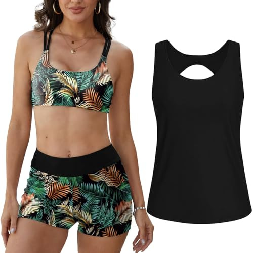 Yutdeng 3 Piece Tankini Swimsuit for Women Swimwear Tank Top with Bikini Top Boyshort Set Loose Fit Backless T-Shirt Crop U Neck Tankini Top with High Waist Swim Shorts