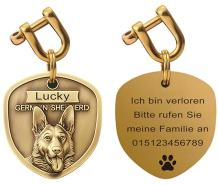Personalisierte Hundemarke aus Messing mit Gravur – 3D-Relief Hunderassen Portrait, beidseitig gravierbarer, Namensanhänger Adressanhänger Hund ID Tag für Hunde (Deutscher Schäferhund)