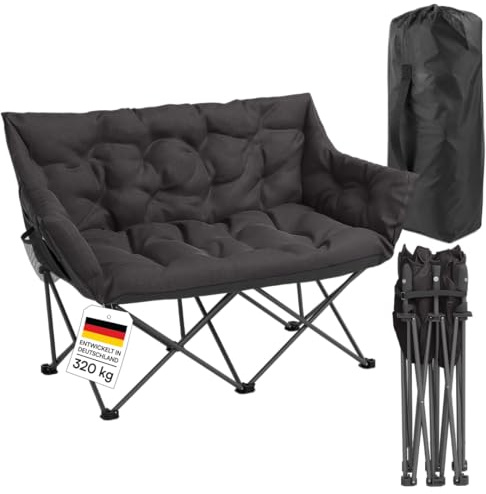 STEELSØN Hoggar 2 Sitzer Camping Sofa, Schwarz, faltbar, 134 cm, bis 320 kg | Campingstuhl mit 2 Seitentaschen & Tragebeutel, dick gepolstert, Klappstuhl, Campingcouch, Outdoor Sitzbank, Campingmöbel