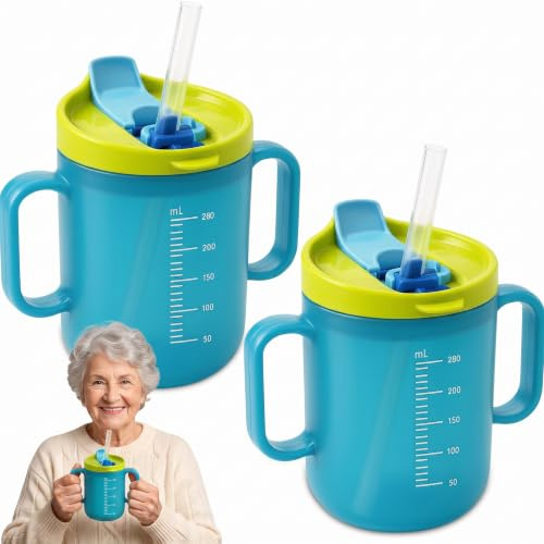 Lirynox 2 Pcs Elderly Spill Proof Cups, Unspillable Cup with 2 Handles Feeding Cup with Lid and Straw Adult Sippy Cups for The Elderly Non Spill Adult Drinking Mug for Disabled Patients (Blue)