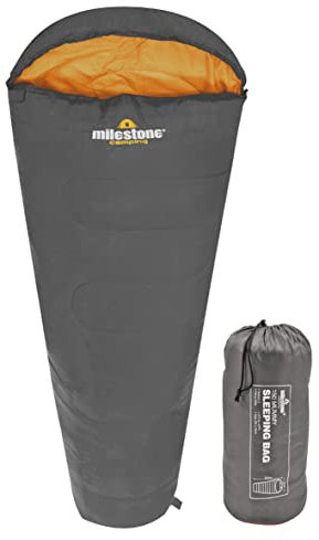 Milestone Camping Einzel-Mumien-Schlafsack - 2-Saison Thermoisolierung - Wasserabweisend - Tragetasche - Grau und Orange