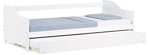 Homestyle4u Kinderbett Einzelbett Holzbett Tagesbett 90x200 ausziehbar Weiß mit Lattenrost Ausziehbett Kiefer massiv Holz