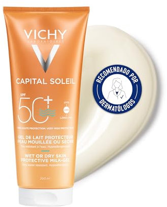 Vichy Leche Protectora, Acabado Invisible, Apta Para el Baño y Para Hacer Ejercicio, Fotoprotección SPF50+ Contra Rayos UVB y UVA, Wet Skin, Capital Soleil, 200 ml
