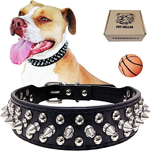 TEEMERRYCA Adjustable Microfiber Leather Spiked Studded Dog Collars with a Squeak Ball Gift for Small Medium Large Pets Like Cats/Pit Bull/Bulldog/Pugs/Husky, Black, XXL 19.7-22.4 inches